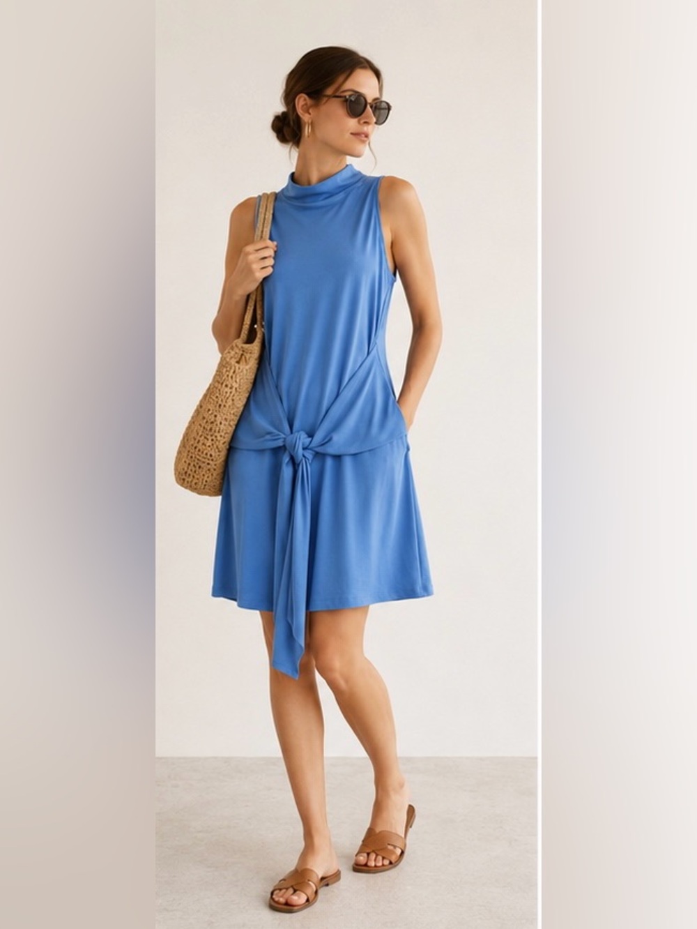 NWOT Vince Blue Mock Neck Knot Pima Cotton Dress Size S